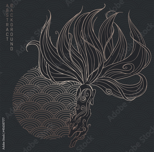 vector abstract illustration of japanese fantasy creature nine tailed fox kitsune in black and gold colours
