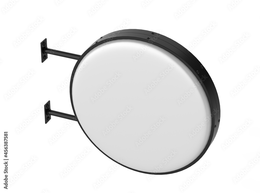 Fototapeta premium Double sided Back lit signage circular board, led glow advertising board, vinyl company sign on brick wall. 3d render illustration.