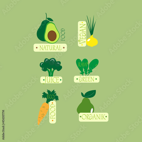 Natural food in a flat style. Fruits and vegetables in simple geometric shapes. Eco-vegetables and fruits. Great for flyers, icons, web posters, natural organic product presentation templates, cover d