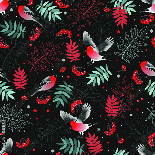 Seamless pattern with winter bullfinches. Design for card, fabric, print, greeting, cloth, poster, clothes, textile.
