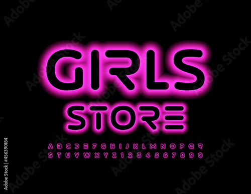 Vector trendy logo Girls Store. Pink abstract Font. Set of neon creative Alphabet Letters and Numbers