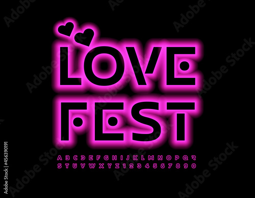 Vector creative poster Love Fest with decorative Heart. Neon illuminated Font. Pink light Alphabet Letters and Numbers set