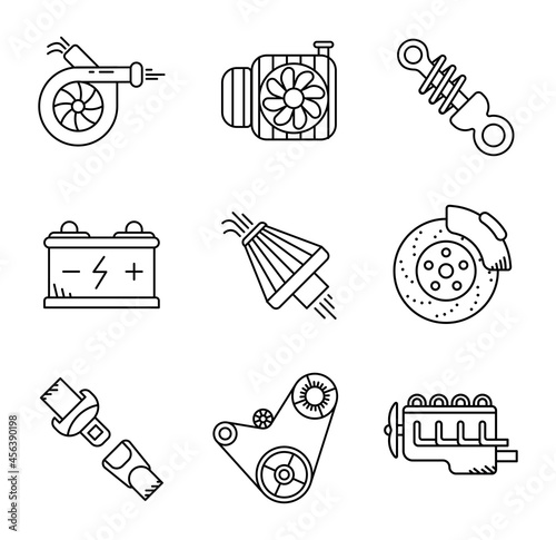 Vehicle engine cooling fan, engine belt, battery, belt, brake pad, air filter, car turbo and suspension, icon set. Car parts line icons. Automobile production icon set. Linear set.