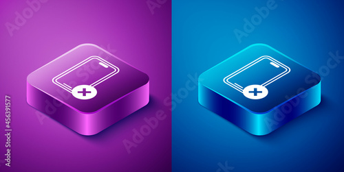 Isometric No cell phone icon isolated on blue and purple background. No talking and calling sign. Cell prohibition. Square button. Vector