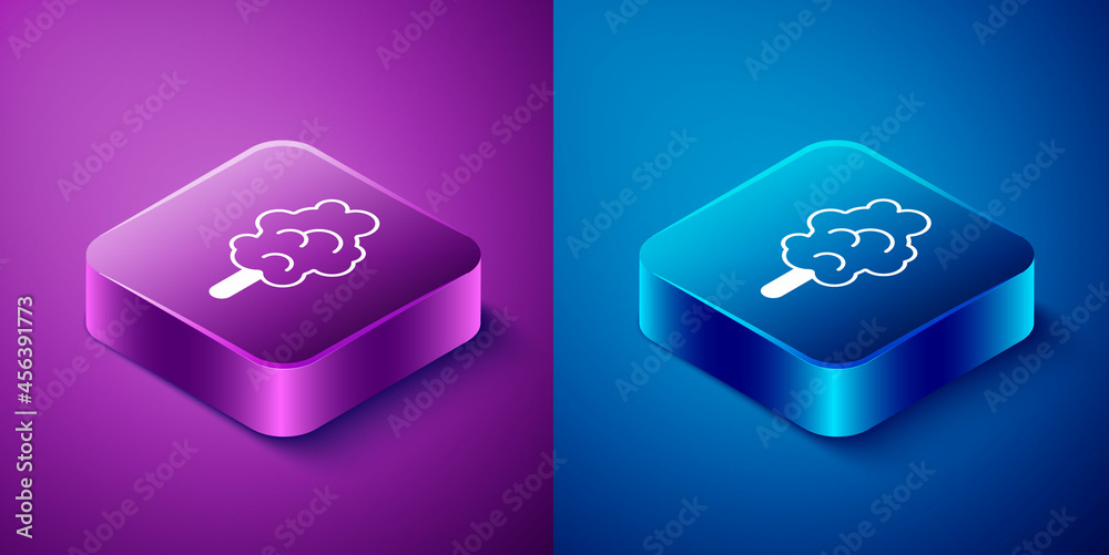 Isometric Cotton candy icon isolated on blue and purple background. Square button. Vector Isometric Cotton candy icon isolated on blue and purple background. Square button. Vector
