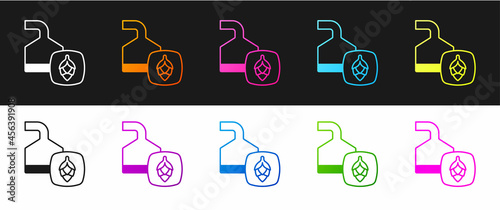 Set Traditional brewing vessels in brewery icon isolated on black and white background. Beer brewing process. Distillery plant, brewery. Vector