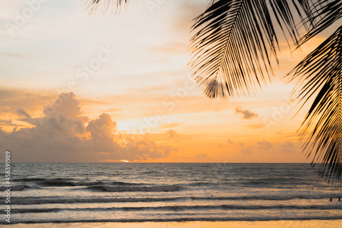 Beautiful Palm trees sunny or sunset in holidays.Dramatic colorful sea silhouette sky.Sunset turquoise colored water on the beach.Orange sundown and golden sunset sky.
