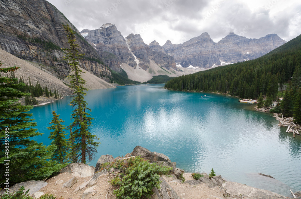 Moraine Lake in cloudy day in summer in Banff National Park, Alberta, Canada