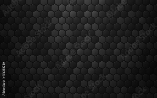 Hexagon abstract background. Dark honeycomb design. Black metal texture. Gray carbon effect. Steel backdrop with shadow. Vector illustration