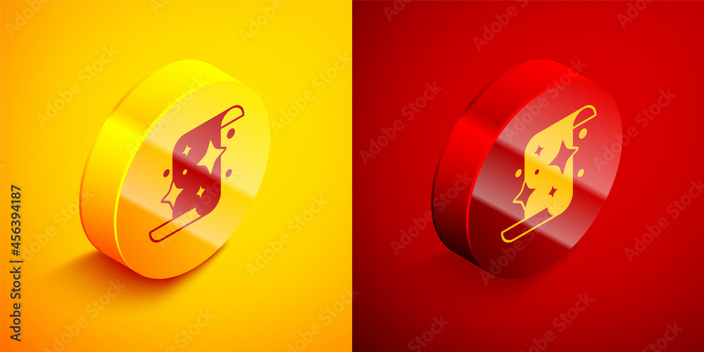 Isometric Magic scroll icon isolated on orange and red background. Decree, paper, parchment, scroll icon. Circle button. Vector Isometric Magic scroll icon isolated on orange and red background. Decree, paper, parchment, scroll icon. Circle button. Vector