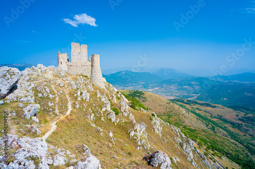 Castle of Rocca Calascio and Santa Maria della Pieta church, Aquila, Abruzzo, Italy. Part of Gran Sasso National Park, location for several film scenes, one of 15 most beautiful castle in the world