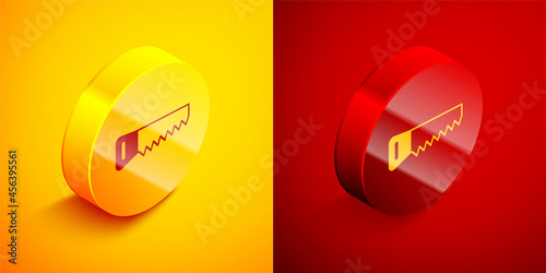 Isometric Hand saw icon isolated on orange and red background. Circle button. Vector