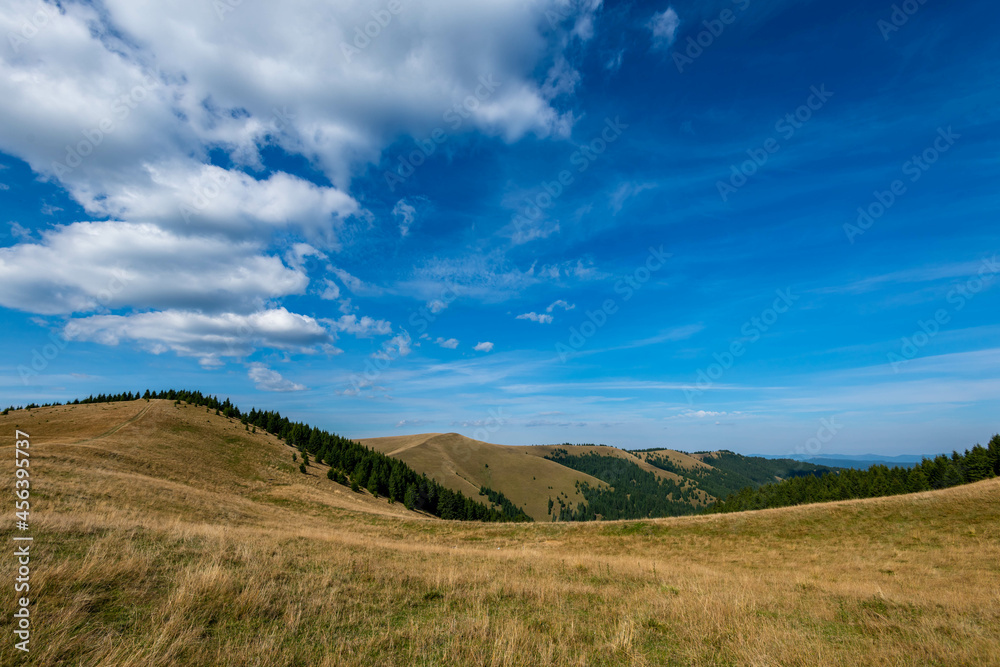 Wide angle view on the top of the bald Szello mountain in Transylvania, Romania.