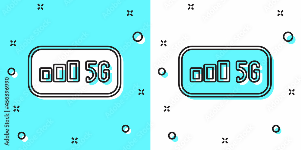 Black line 5G new wireless internet wifi connection icon isolated on green and white background. Global network high speed connection data rate technology. Random dynamic shapes. Vector Black line 5G new wireless internet wifi connection icon isolated on green and white background. Global network high speed connection data rate technology. Random dynamic shapes. Vector
