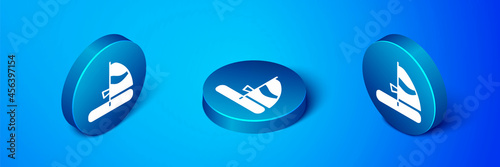 Isometric Windsurfing icon isolated on blue background. Blue circle button. Vector