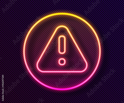 Glowing neon line Exclamation mark in triangle icon isolated on black background. Hazard warning sign, careful, attention, danger warning important. Vector