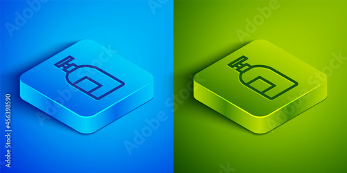 Isometric line Dishwashing liquid bottle icon isolated on blue and green background. Liquid detergent for washing dishes. Square button. Vector