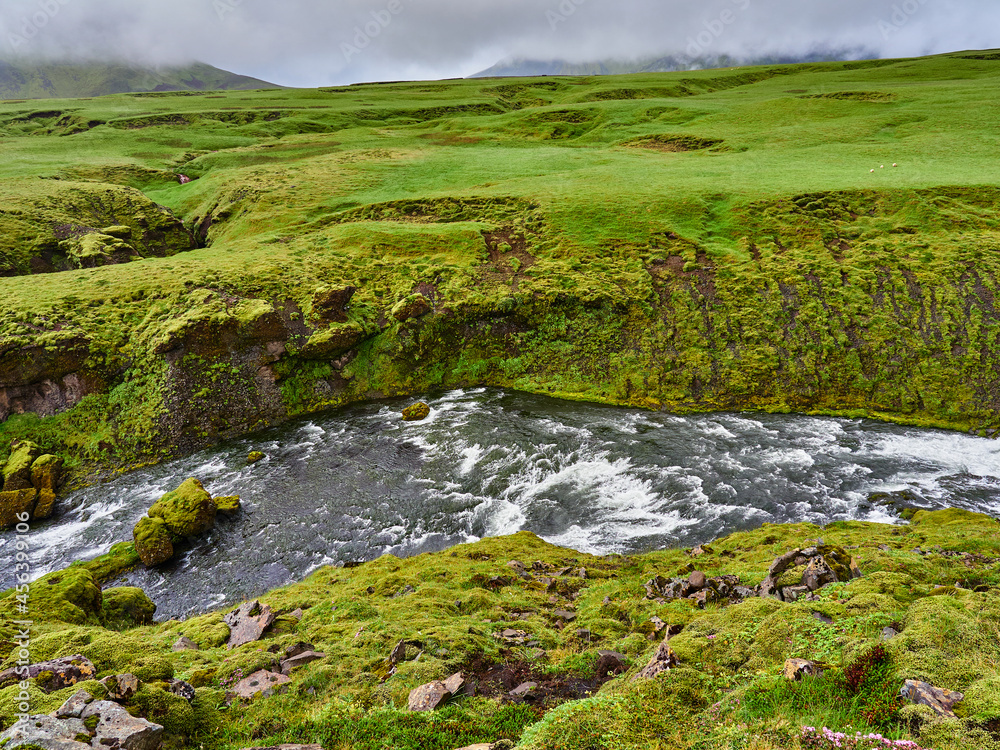 Islandia Iceland sus campos verdes y ríos de Cascada Islandia Iceland sus campos verdes y ríos de Cascada