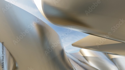 Abstract architecture background metallic curved walls 3d render