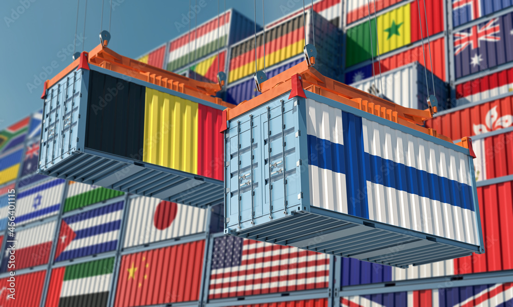 Freight containers with Belgium and Finland national flags. 3D Rendering 