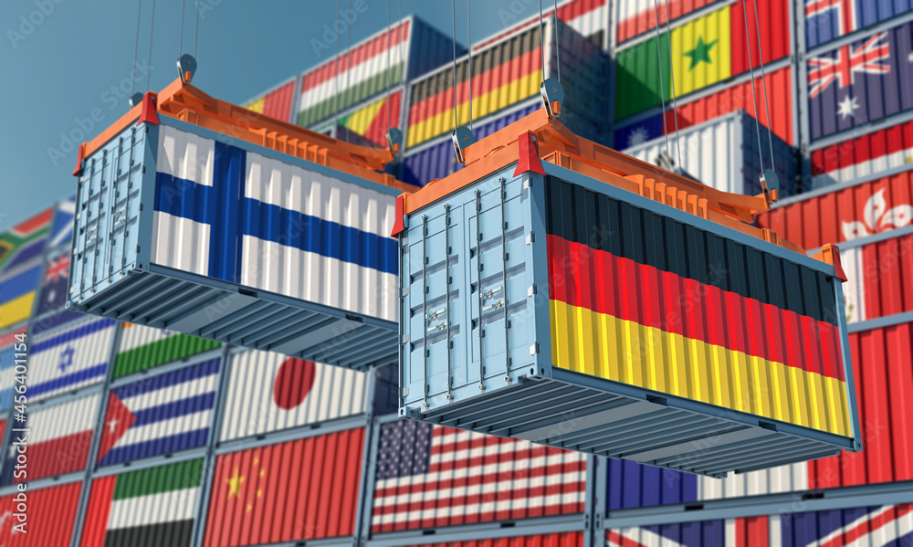 Freight containers with Germany and Finland national flags. 3D Rendering 