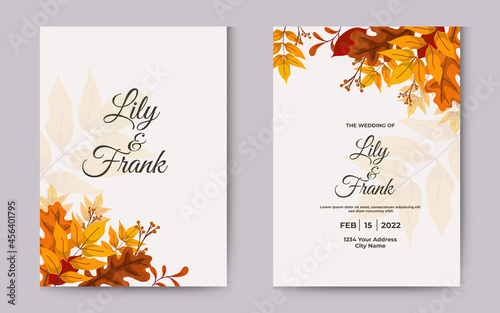 wedding invitation with autumn leaves. yellow and brown decorative leaf.