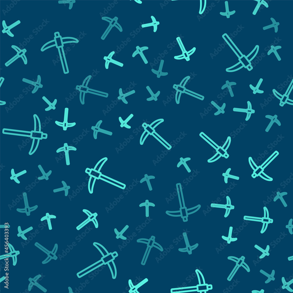 Green line Pickaxe icon isolated seamless pattern on blue background. Vector Green line Pickaxe icon isolated seamless pattern on blue background. Vector