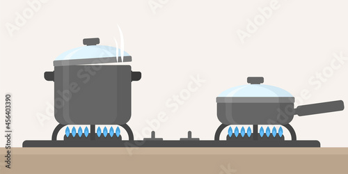 Kitchen stove and pan, frying pan flat design vector illustration