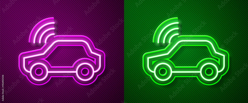 Glowing neon line Smart car system with wireless connection icon isolated on purple and green background. Remote car control. Vector