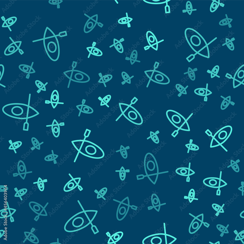 Green line Kayak and paddle icon isolated seamless pattern on blue background. Kayak and canoe for fishing and tourism. Outdoor activities. Vector Green line Kayak and paddle icon isolated seamless pattern on blue background. Kayak and canoe for fishing and tourism. Outdoor activities. Vector