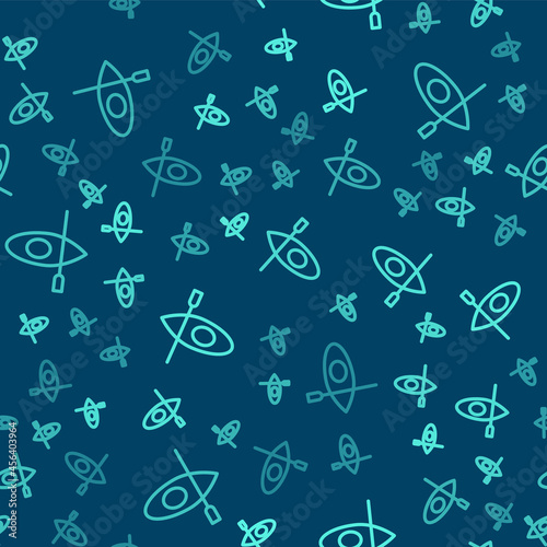 Green line Kayak and paddle icon isolated seamless pattern on blue background. Kayak and canoe for fishing and tourism. Outdoor activities. Vector