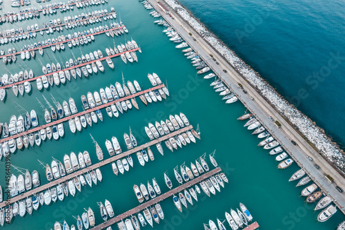 Boats in the harbor, aerial view