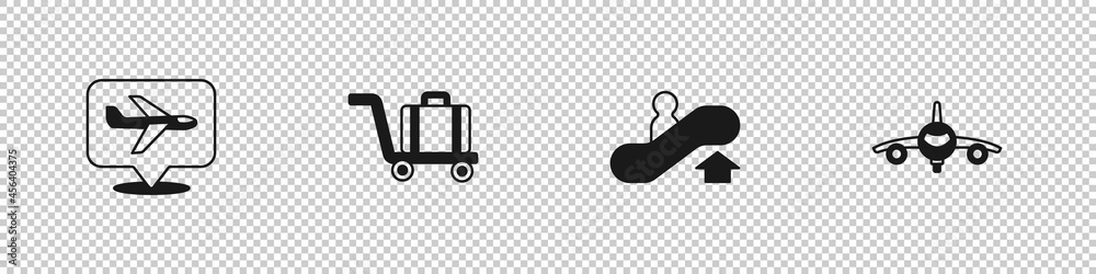 Set Plane, Trolley baggage, Escalator up and icon. Vector Set Plane, Trolley baggage, Escalator up and icon. Vector