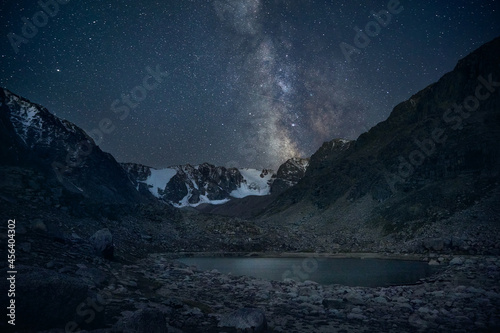 Mountain Lake with night sky and milky way