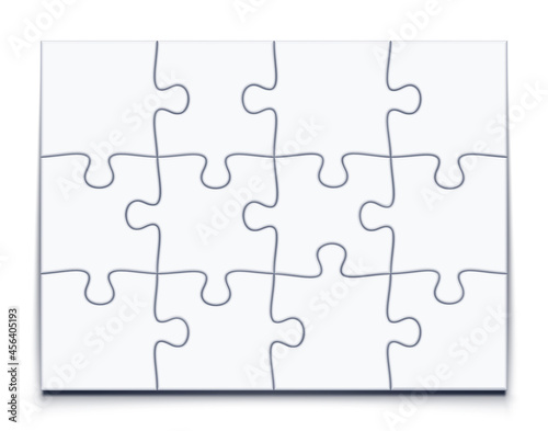 Puzzle 3x4 grid. Jigsaw game with 12 pieces, mosaic vector mockup illustration