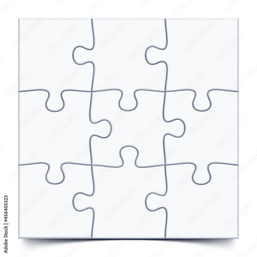 Puzzle 3x3 grid. Jigsaw game with 9 pieces, mosaic vector mockup illustration Puzzle 3x3 grid. Jigsaw game with 9 pieces, mosaic vector mockup illustration