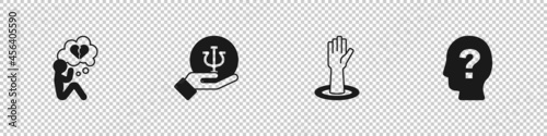 Set Broken heart or divorce, Psychology, Psi, Helping hand and Head with question mark icon. Vector