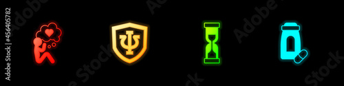 Set Head with heart, Psychology, Psi, Old hourglass and Sedative pills icon. Vector