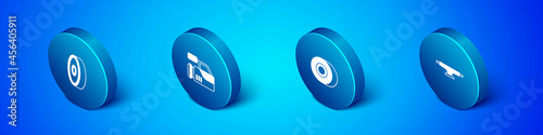 Set Isometric Skateboard ball bearing, wheel, and Cinema camera icon. Vector