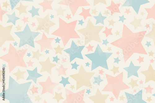 Seamless pastel watercolor old background texture with multicolor stars. Pastel color stars on the beige background. Aged painted illustration. Hand drawn template. Wrapping paper. Vintage. Retro.