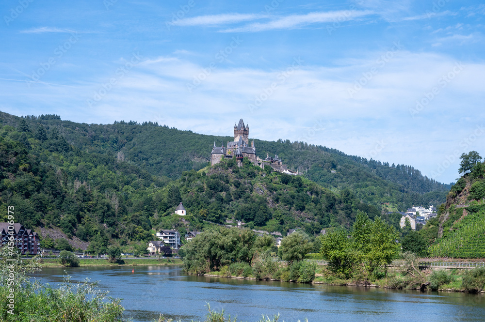 View on Mosel river, hills with vineyards and castle in old town  Cochem, Germany, Germany
