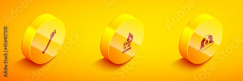 Set Isometric Fire hose reel, in burning building and Firefighter helmet icon. Vector