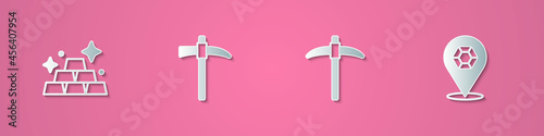 Set paper cut Gold bars, Pickaxe, and Gem stone icon. Paper art style. Vector