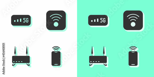 Set Mobile with wi-fi wireless, 5G internet, Router and signal and Wi-Fi icon. Vector