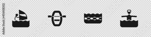 Set Windsurfing, Boat with oars, Swimming pool and Water gymnastics icon. Vector