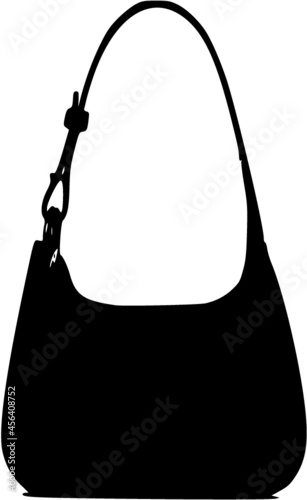 Silhouette Illustration of a women's handbag with a black and white background. Modern design with a long strap and a long zipper on the front.