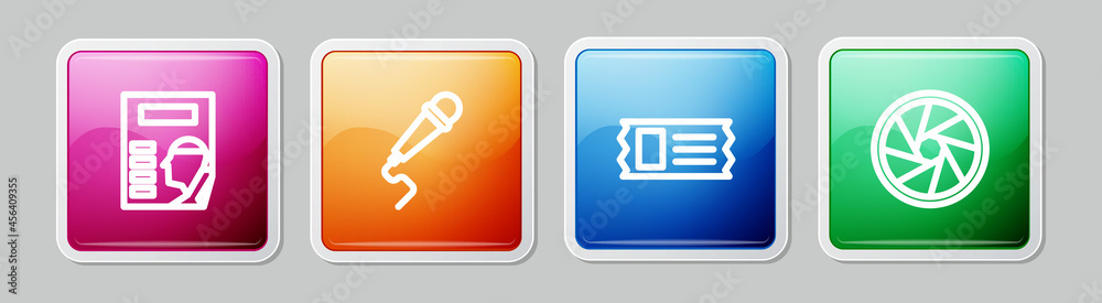 Set line Cinema poster, Microphone, ticket and Camera shutter. Colorful square button. Vector Set line Cinema poster, Microphone, ticket and Camera shutter. Colorful square button. Vector