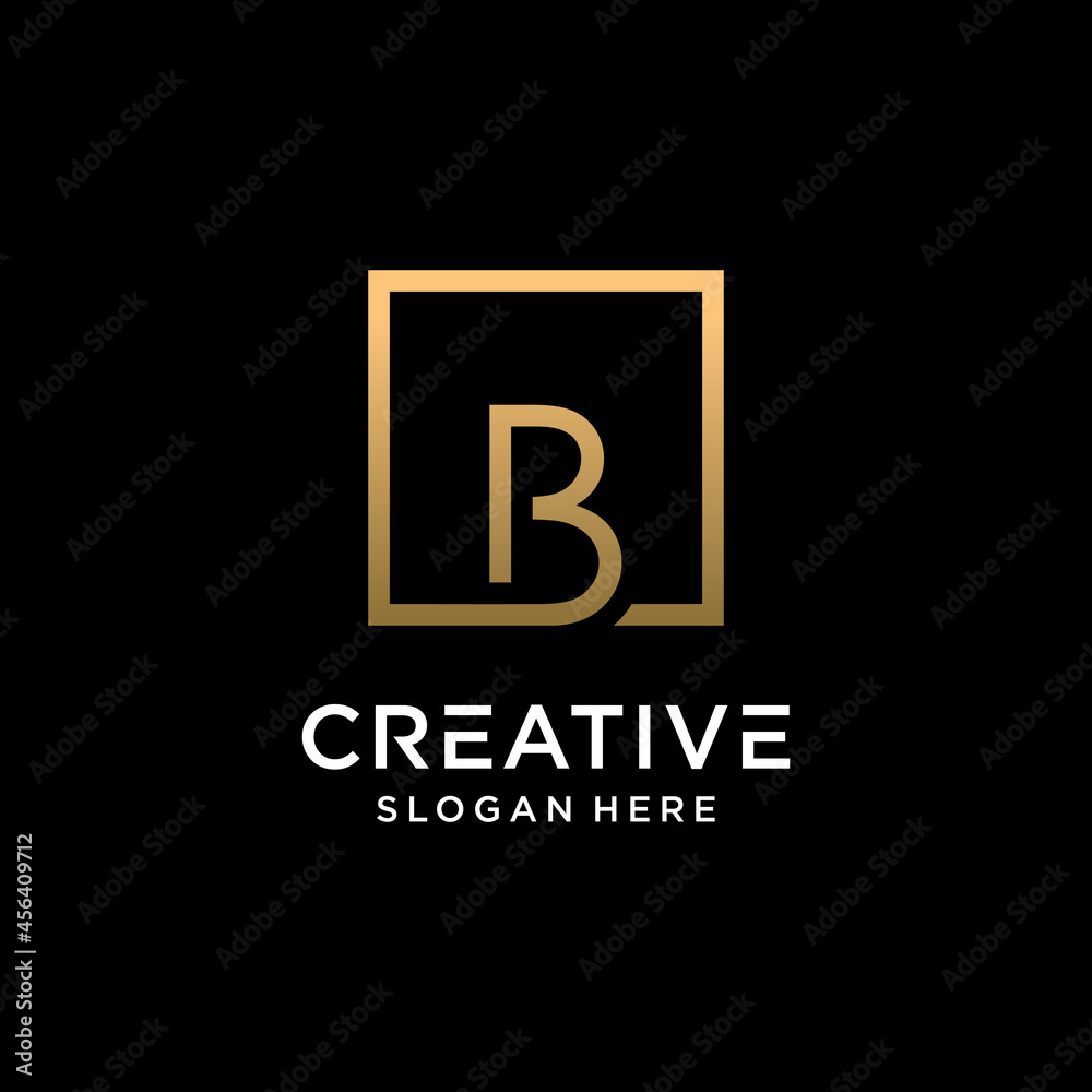 Creative monogram logo design initial letter b with square line art and golden color style