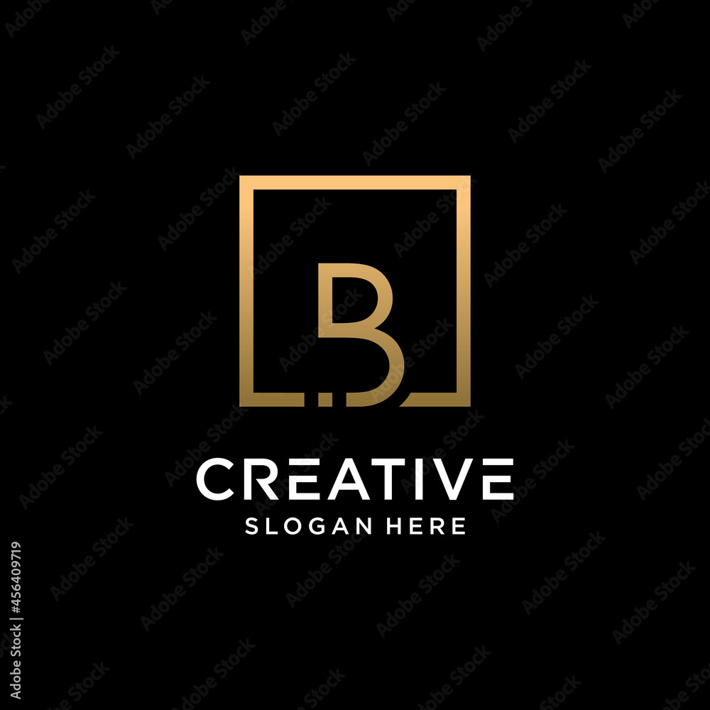 Creative monogram logo design initial letter b with square line art and golden color style
