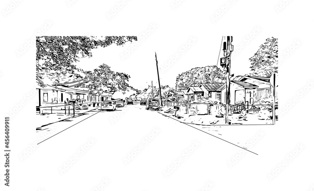 Building view with landmark of Lafayette is a city in southern Louisiana. Hand drawn sketch illustration in vector. 